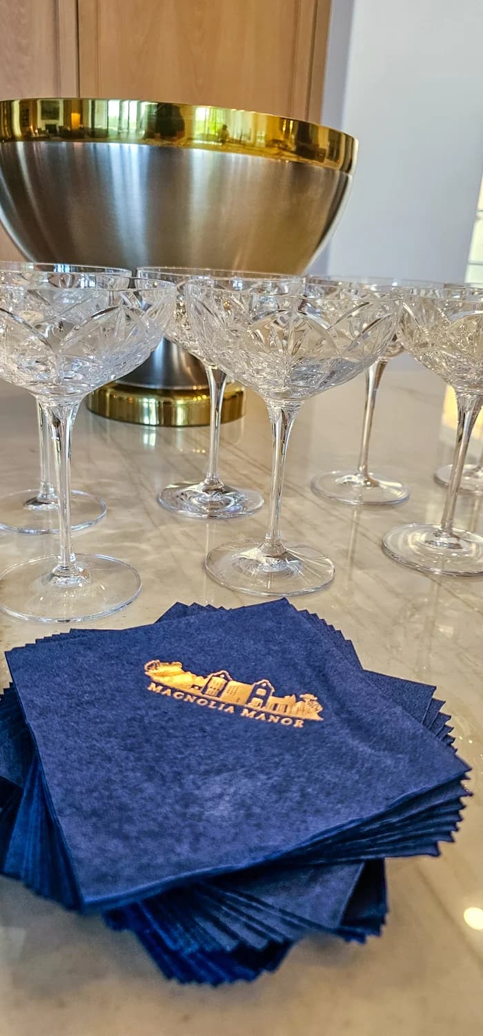Champagne flutes and Marrow napkins